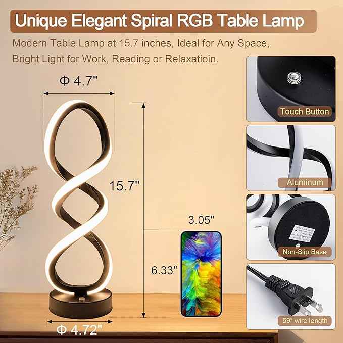 Modern Table Lamp, 7 Colors 10 Light Modes Spiral Design Table Lamp, Touch Dimmable Nightstand Lamp, Unique Bedside Lamp for Living Room, Bedroom, Cool Lamps, Black, 2 Pack