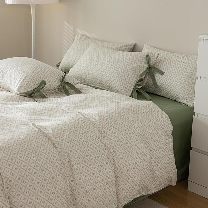 LifeTB Pink Flower Comforter Set Twin XL 3 Pieces Chic Plaid Grid Comforter with 2 Bow Ties Pillowcases Cute Botanical Cottagecore Bedding Set Girls Coquette Bedding Comforter Twin XL Comforter Set
