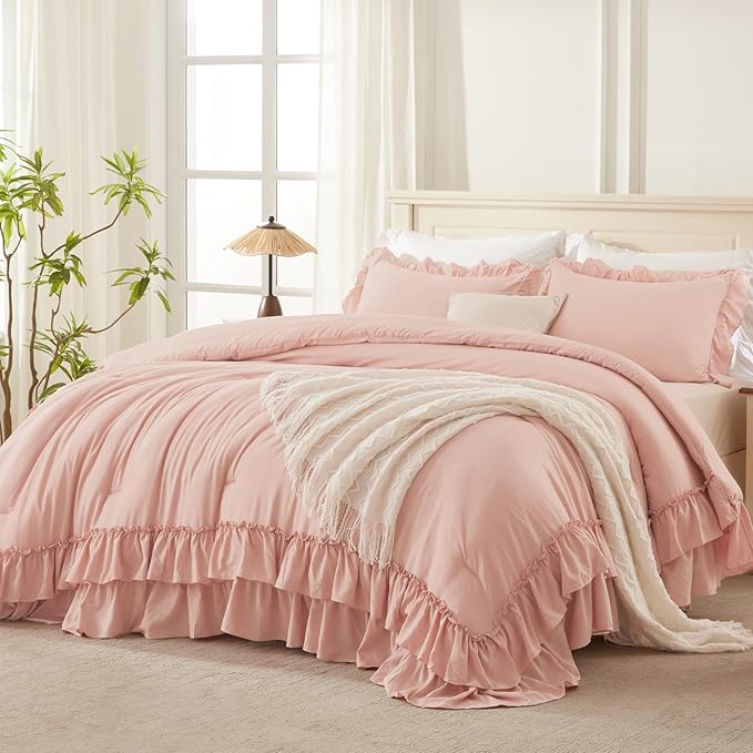 Andency Oversized Queen Ruffle Comforter Set, 3 Pieces Shabby Chic Farmhouse Bedding Set, Lightweight Soft Comforter Set 98x98 for Girls Women (1 Comforter 2 Pillowcases), Blush