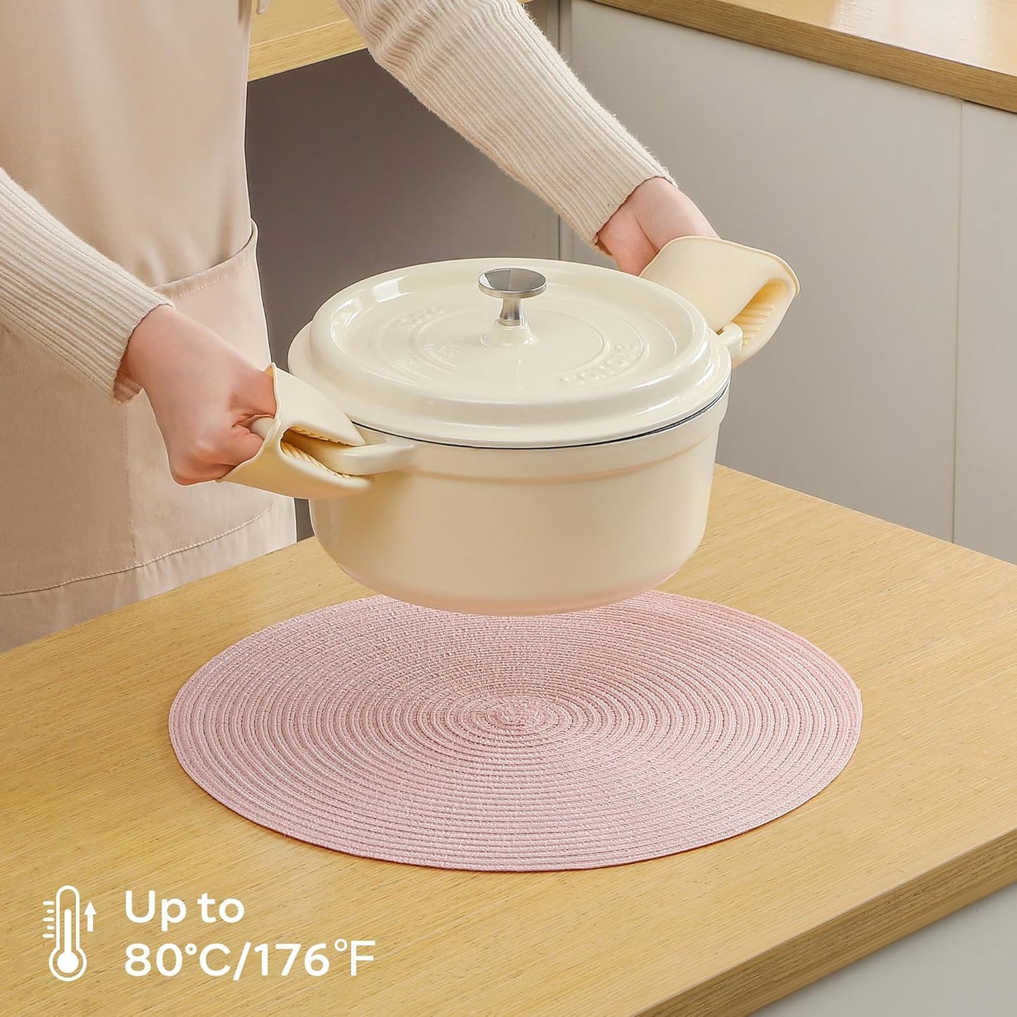 Leetaltree Round Placemats Heat and Slip Resistant Cotton Table Mats, Washable Bohemian Placemats for Dining Tables (Pink, Set of 12)