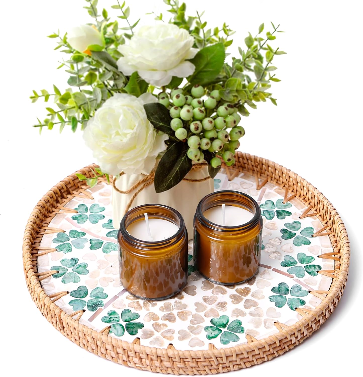 Round Rattan Tray with Mother of Pearl Inlay & Wooden Base - Decorative Wicker Serving Tray for Coffee/Bread/Fruits, Food Storage & Display - Multipurpose Home Decor (M,Four-Leaf Clover)