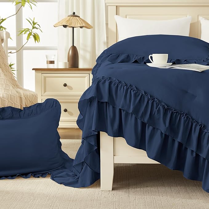 Andency Navy Blue Twin Size Comforter Set (66x90Inch), 2 Pieces Fluffy Shabby Chic Ruffle Bedding Comforter Sets, All Season Soft Lightweight Microfiber Bedding Set for Kids, College Dorm