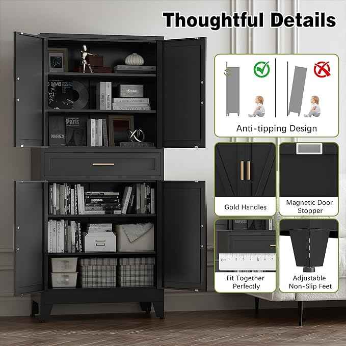 COFaR 71" Tall Metal Storage Cabinet with 4 Doors and 4 Adjustable Shelves, 6-Tier Farmhouse Storage Cabinet with Drawers and Legs, for Office, Home, Garage, Gym, School, Living Room, Hallway（Black）