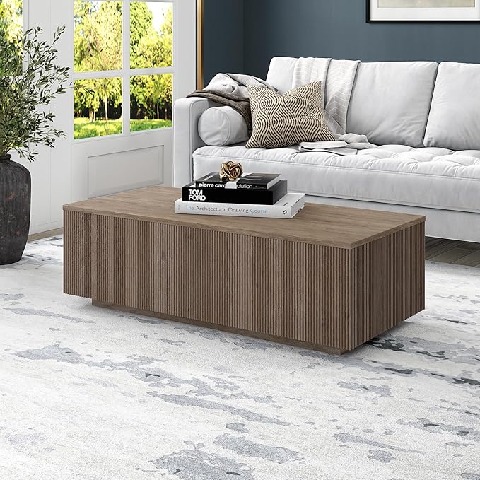 Henn&Hart 48" Fluted Rectangular Low-Profile Coffee Table with Ribbed Sides for Living Room, Family Room, or Office, Antiqued Gray Oak
