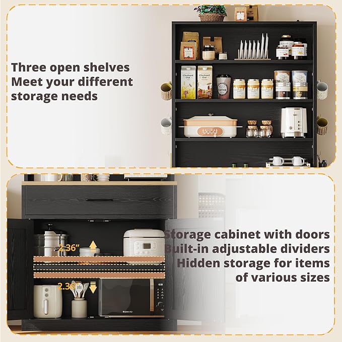 IRONCK Bakers Rack Microwave Stand with Customizable Pegboard and Storage, 71" Farmhouse Coffee Bar Cabinet with Drawer, Barn Doors, Adjustable Shelves for Kitchen, Dining Room, Living Room, Black
