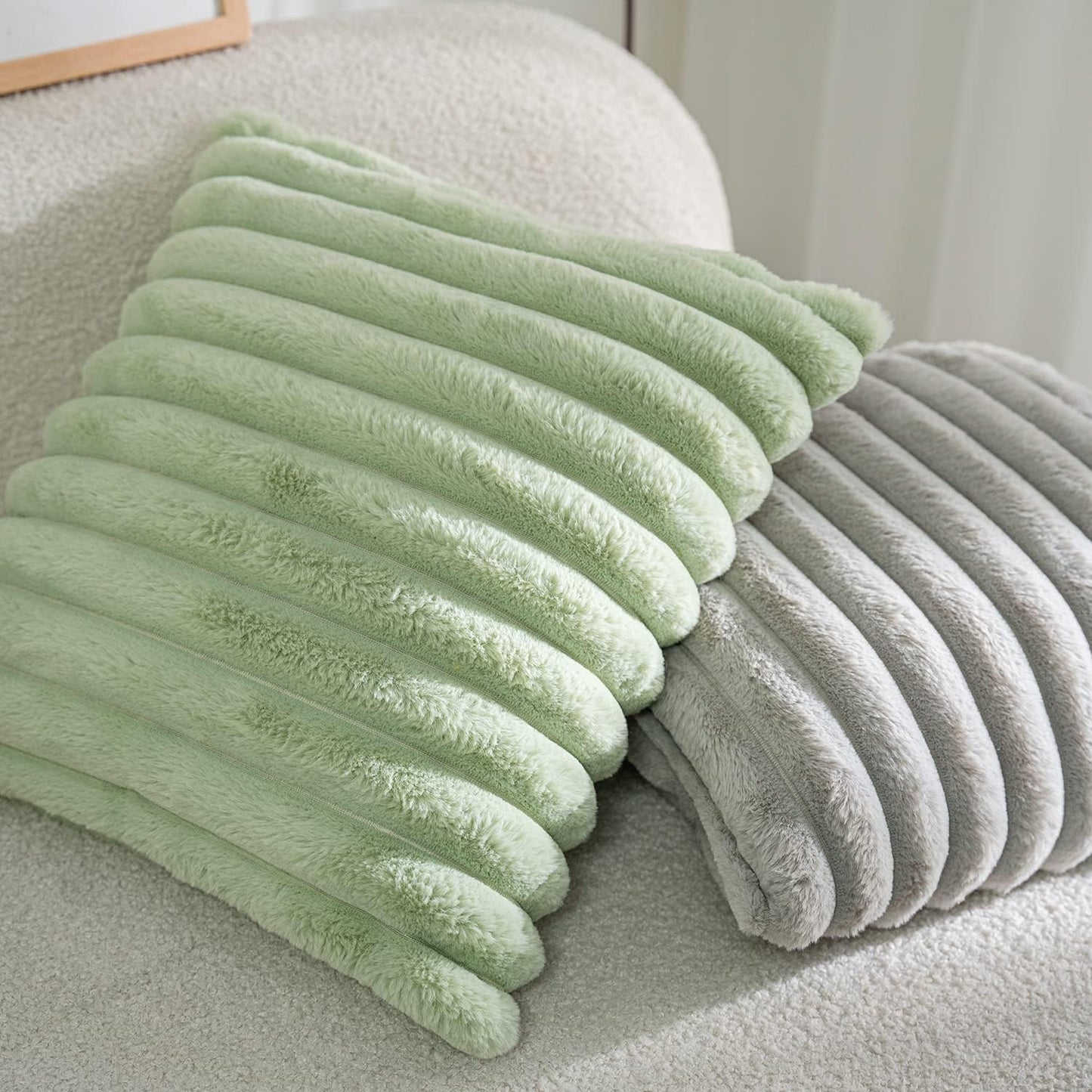 DEELAND Pack of 2,Double-Sided Faux Fur Plush Decorative Throw Pillow Covers Fuzzy Striped Soft Pillowcase Cushion Covers for Sofa Couch Bedroom Green 16x16 inch