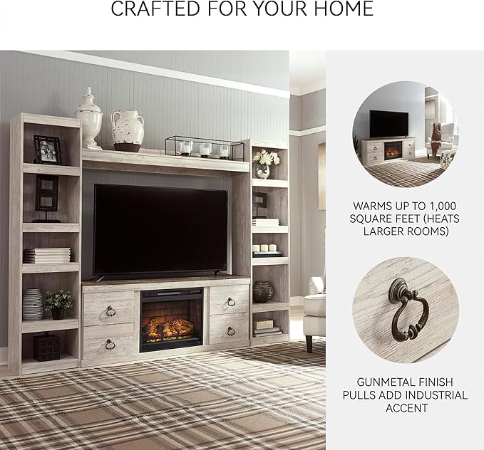 Signature Design by Ashley Willowton Cottage 60" TV Stand with Electric Fireplace for TVs up to 69", Whitewash