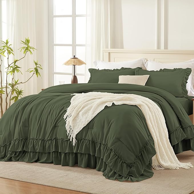 Andency Olive Green Queen Comforter Set (90x90Inch), 3 Pieces Lightweight Fluffy Ruffle Bedding Comforter Sets for Queen Bed, Farmhouse Shabby Chic Soft Microfiber All Season Bed Set