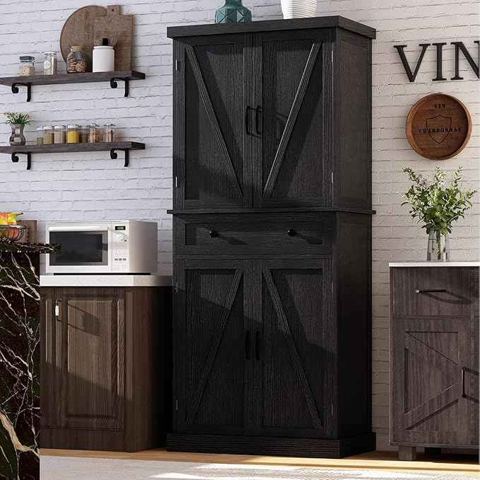 72" Tall Kitchen Pantry Cabinet, Black Pantry Storage Cabinet with Adjustable Shelves, Barn Doors and Drawer, Farmhouse Cupboard for Kitchen, Dining Room, Bathroom (16" D x 30" W x 72" H)