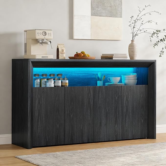 Feonase Buffet Cabinet with Storage & Led Lights, 66.2" Modern Sideboard Cabinet with 4 Doors & Shelves, Fluted Media Console Mid Century, Coffee Bar Table for Dining Room Kitchen, Dark Grey