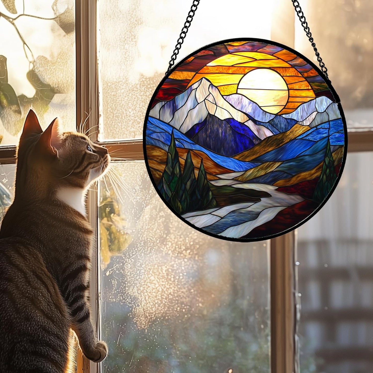 Stained Glass Window Hanging, Yellow Blue Sunset Mountains Scenery Sun Catcher for Window Home Decor Landscape Suncatcher Mother's Day Birthday Gifts for Women Men Mom and Nana 6.3 in