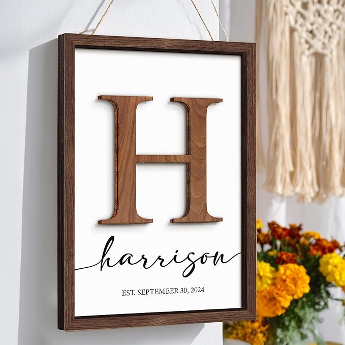 Personalized Family Name Sign, Custom Monogram Wooden Last Name Frame, Wedding Gifts for Couples, Birthday Gifts Mothers Day, Fathers Day, Family Home Sign Wall Decor for Living Room Bedroom