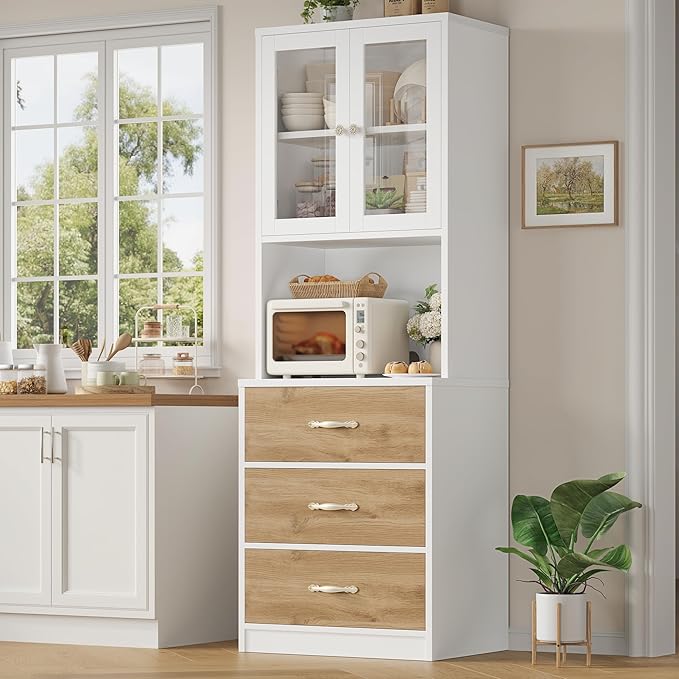 Keyluv 71“ Tall Kitchen Pantry Storage Cabinet with Microwave Stand, Buffet Kitchen Hutch with Shelves and Drawers, Wood Coffee Bar Pantry Cabinet with Glass Doors, for Dining Room/Small Space, Khaki