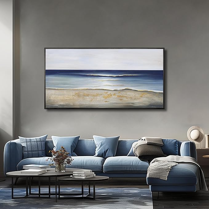 Yuaxker Ocean Wall Art Large Framed Wall Decor Blue and Gold Artwork Room Decor Aesthetic for Living Room Bedroom Dining Room Office Home Decor 30x60 Inch
