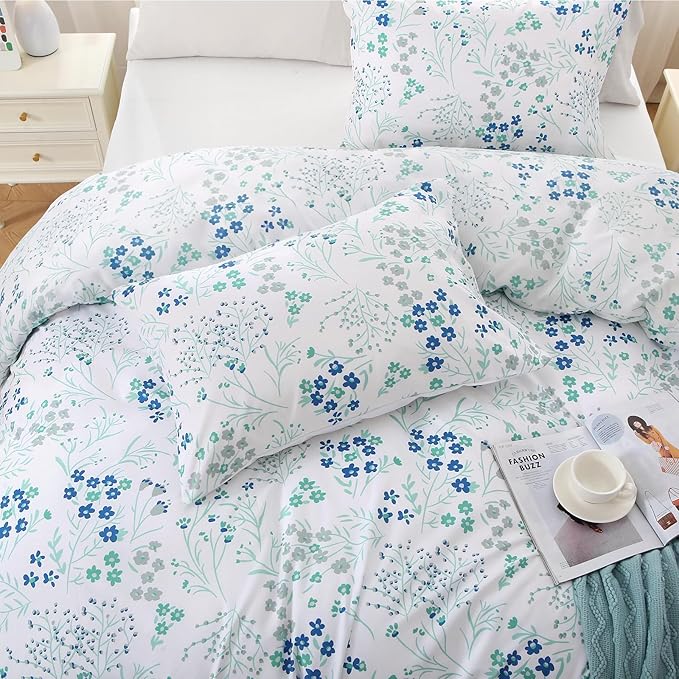 MUXHOMO Blue Flower Bed in a Bag Queen 7 Pieces, Queen Comforter Set Reversible Botanical Flowers Design, Ultra Soft & Breathable Bedding Sets with Comforter, Sheets, Pillowcases & Shams