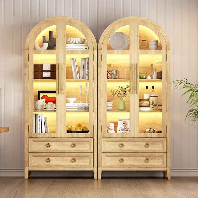 Arched Curio Cabinet with Glass Doors, 4-Tier Display Cabinet with 2 Drawers, Tall Bookcase with 3 Color Lights, Display Case, Kitchen Pantry (Wood)