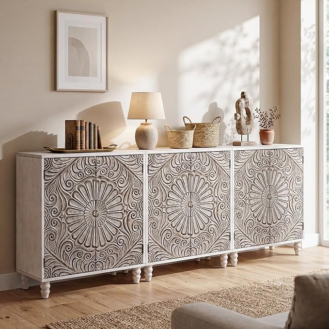 COSIEST Set of 3 32" Buffet Sideboard Cabinets with Storage, Accent Cabinet with Push-to-Open Doors, Vintage Flower Carved Pinewood Doors, Entryway Console for Living Room, Kitchen, Hallway, Gray