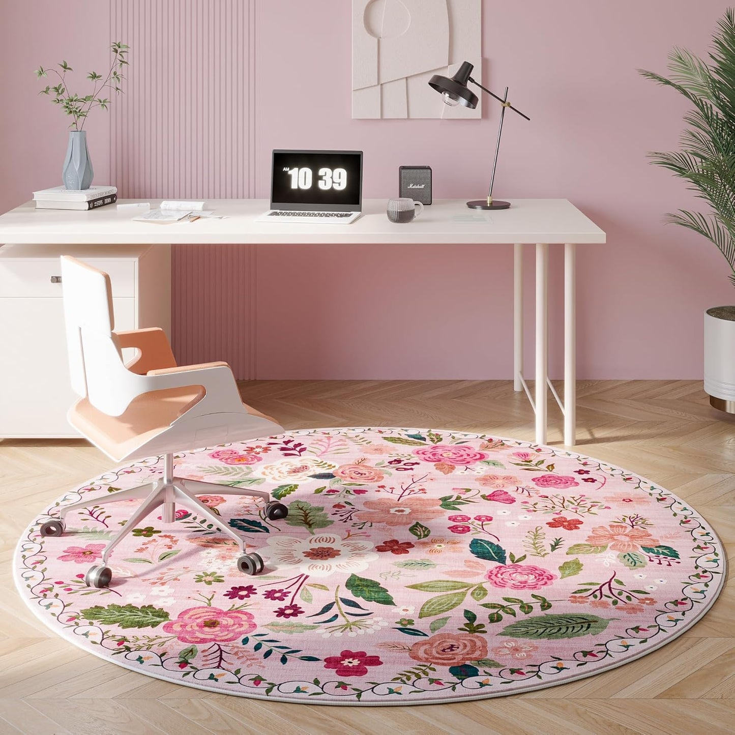 Round Rug 6ft Washable Circle Rug Non Slip Low Pile Boho Floral Small Circular Rug for Bedroom, Bathroom, Entryway, Kids Room, Office, College Dorm(Pink)