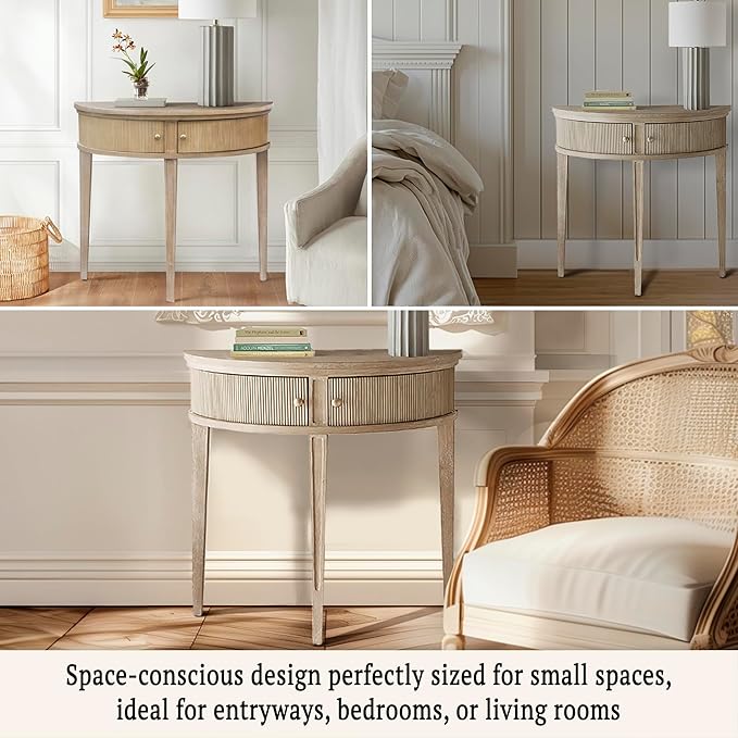 Martha Stewart Crestview Hall Console Table for Entryway with Storage, Solid Rubber Wood Frame, Vintage Demilune Shape, Bronze Knobs, Farmhouse Living Room Furniture Décor, 36" Wide Reclaimed Greige