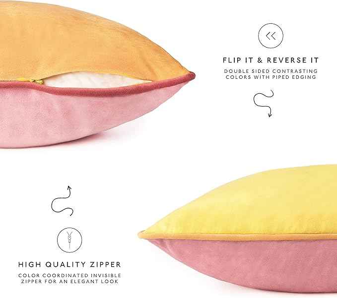 MONDAY MOOSE Decorative Throw Pillow Covers Cushion Cases, Set of 4 Soft Velvet Modern Double-Sided Designs, Mix and Match for Home Decor, Pillow Inserts Not Included (12x20 inch, Yellow/Pink)