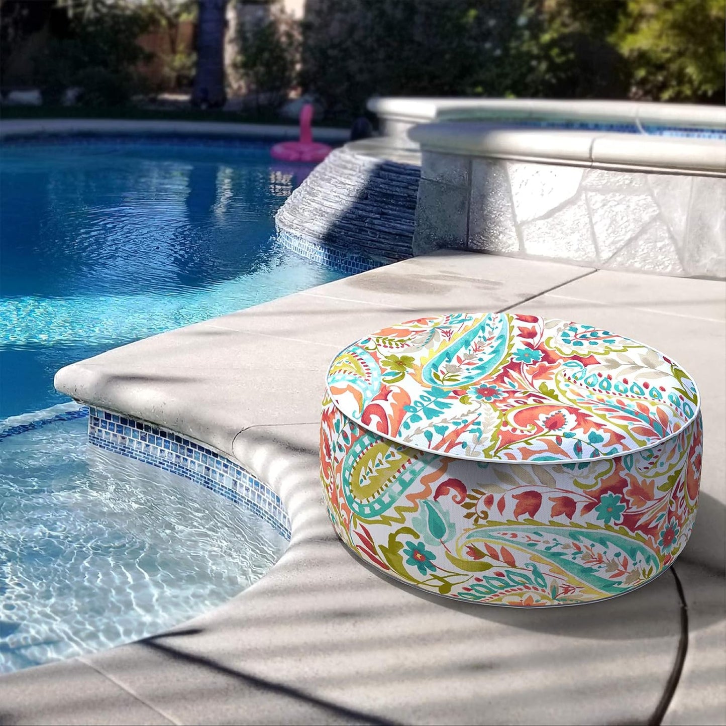 LVTXIII Inflatable Stool Ottoman Footrest with Handle, Decorative Fade-Resistant Foot Stool, Indoor or Outdoor Pouf for Home Patio Garden and Camping Use, D21 x W 21 x H9, Warm Paisley