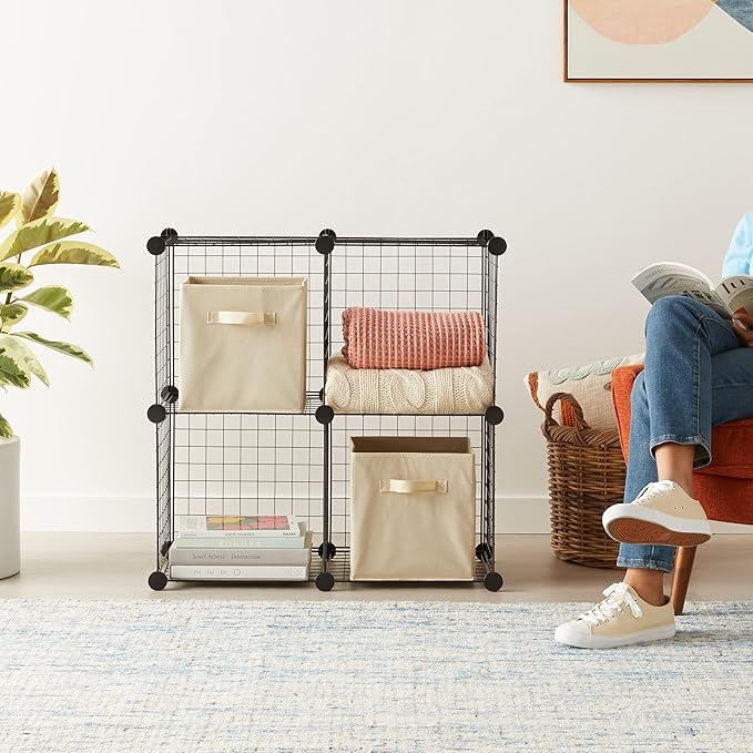 Amazon Basics 4 Cube Wire Grid Storage Organizer, Closet Organizer and Shelves, Stackable, Space-Saving, Easy to Assemble, 14"x14"x14", Black