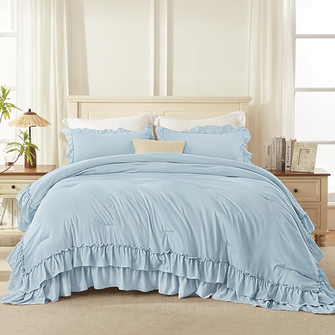 Andency Light Blue California King Comforter Set (104x96Inch), 3 Pieces Farmhouse Shabby Chic Ruffle Bedding Comforter Sets, Lightweight Fluffy Soft All Season Bed Set