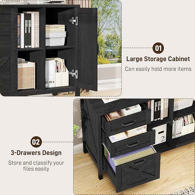 Vabches Lateral File Cabinet, Farmhouse 3 Drawer File Cabinet with Open Storage Shelf for Letter/Legal/A4 Size Hanging Files, Large Wood Storage Cabinets Printer Stand for Home Office, Black