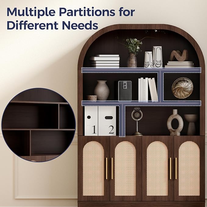 71" Tall Wide Arched Storage Cabinet, 5-Tier Rattan-Door Bookcase with Divider Shelf & Gold Pull Handles, Wood Versatile Pantry Organizer for Living Room/Kitchen/Office, Walnut