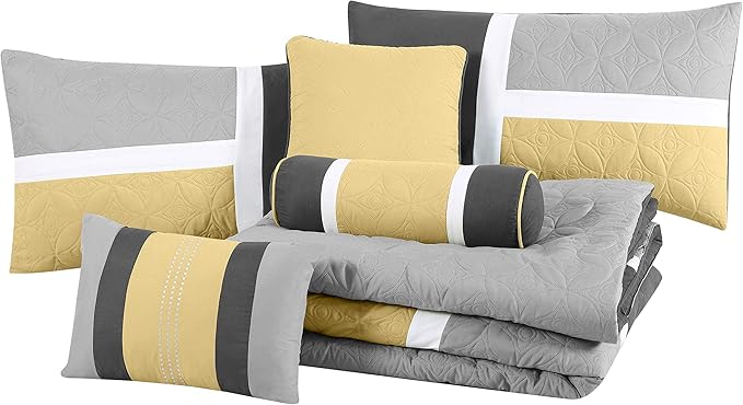 Chezmoi Collection Upland 7-Piece Quilted Patchwork Comforter Set, Yellow/Charcoal/Gray, Oversized King