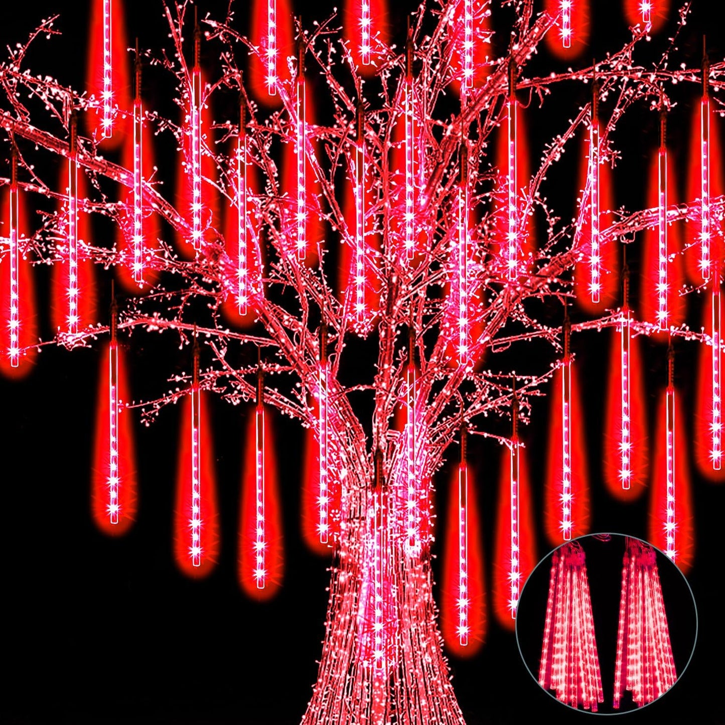 【4 Pack】 Christmas Lights Meteor Shower Rain Lights 20inch, Totally 40 Tube 1440 LEDs Icicle Lights Outdoor Raindrop Lights for Xmas Halloween Wedding Party Tree Holiday Decoration, Red