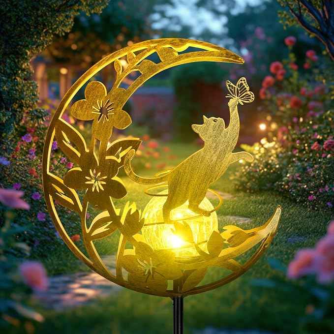 Cat Lights Outdoor Decor - Moon & Cat Sola Garden Lights Waterproof, Auto On/Off Pathway Lighting for Yard/Lawn/Patio, Handcrafted Metal Solar-Stake-Lights for Outside Decorations