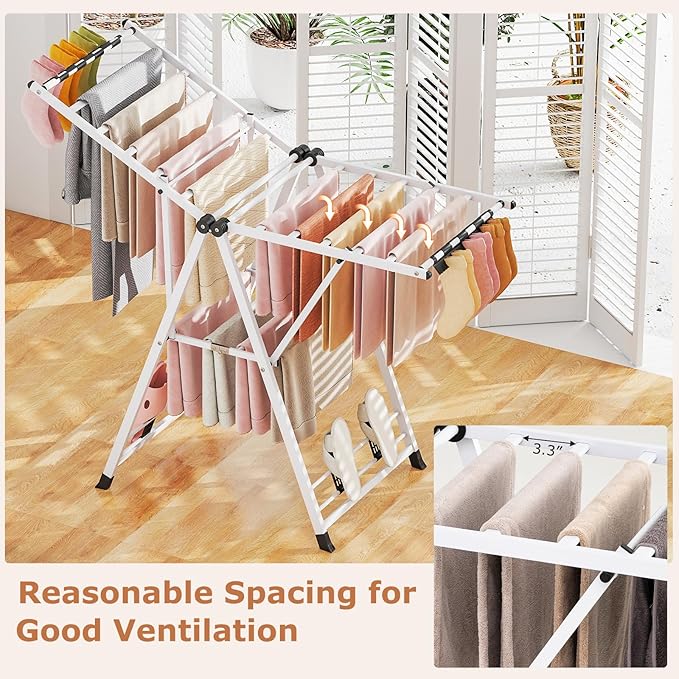 Giantex Clothes Drying Rack, Foldable Metal Laundry Drying Rack with Height Adjustable Wings, 16 Drying Rails, Sock Clips & Shoe Racks, Freestanding Clothing Stand for Indoor & Outdoor, White