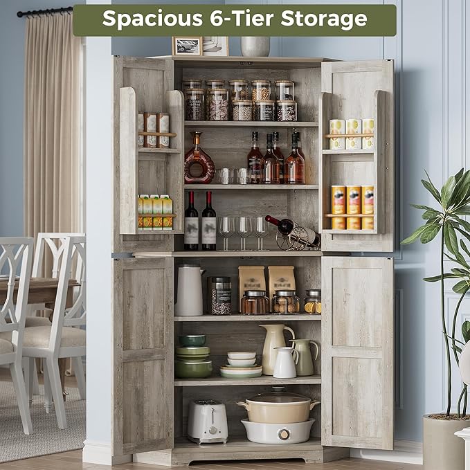 IRONCK Corner Cabinet, 72" Kitchen Pantry Cabinet, 6-Tier Farmhouse Pantry with 2 Adjustable Shelves, 240° Swivel Doors, 2 Doors Storage, Spacious Hutch for Kitchen, Living Room, Rustic Maple