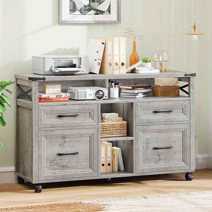 Vabches Farmhouse Filing Cabinet with Adjustable Shelf & Wheels, Lateral File Cabinets, Office Storage Cabinet with 4 Drawers and Open Storage Space, for Hanging Files Letter/A4, for Home Office.Grey