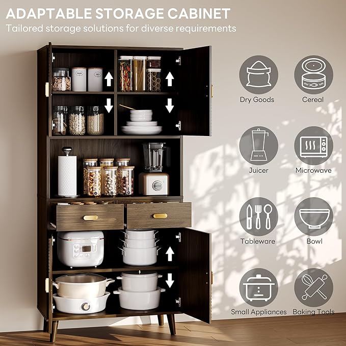 LIKIMIO 71.6" Tall Walnut Mid-Century Hutch Cabinet with Storage- 3 Adjustable Shelves, 2 Drawers, Multi-Room Pantry