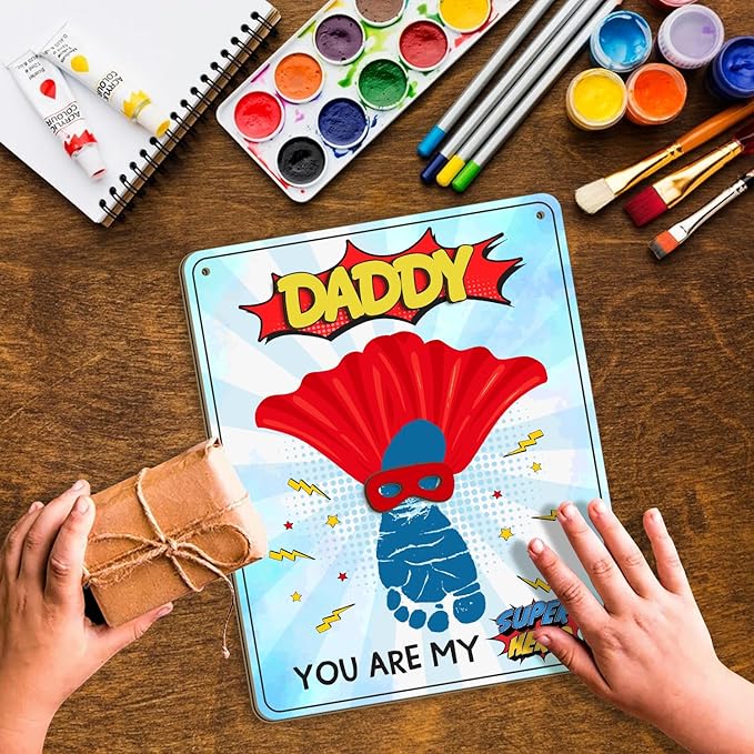 DIY My Dad Superhero Baby Footprint Craft Plaque, Super Dad Gift for Fathers Day, Baby First Fathers Day Footprint Art Craft for Superdad, Super Dad Craft from Kid Footprint, Gift for Dad Keepsake