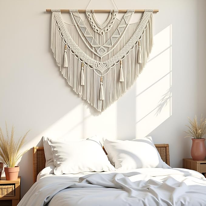 large macrame wall hanging - Boho Tapestry Macrame Wall Decor Art- Chic Bohemian Handmade Woven Tapestry Home Decoration for Bedroom Living Room Apartment Wedding Party - 43"x40" (Bead Fringe)