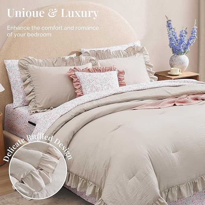 Twin XL Comforter Set - 5 Pieces Ruffle Birch Bedding Sets, Shabby Chic Farmhouse Bed in a Bag Twin XL with Ruffle Comforter, Floral Sheets, Pillowcases & Shams