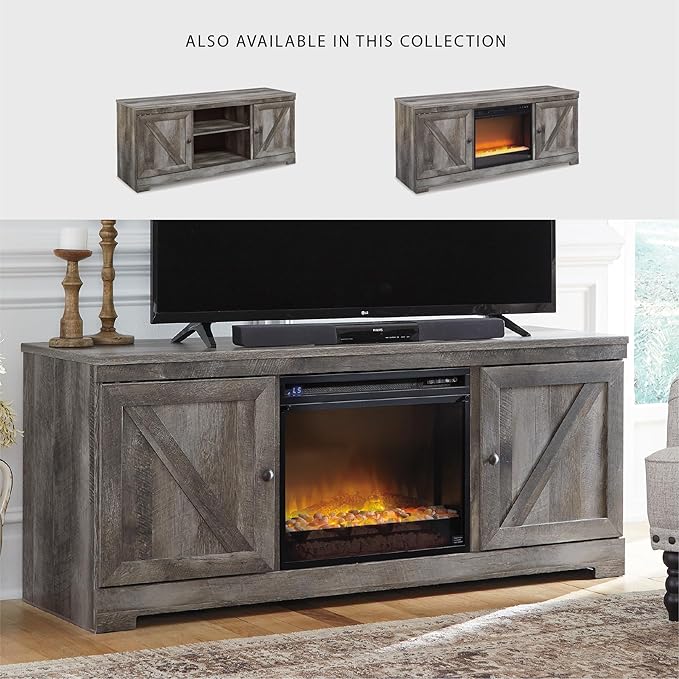 Signature Design by Ashley Wynnlow Farmhouse 63" TV Stand for TVs up to 72" with Electric Fireplace, Light Gray