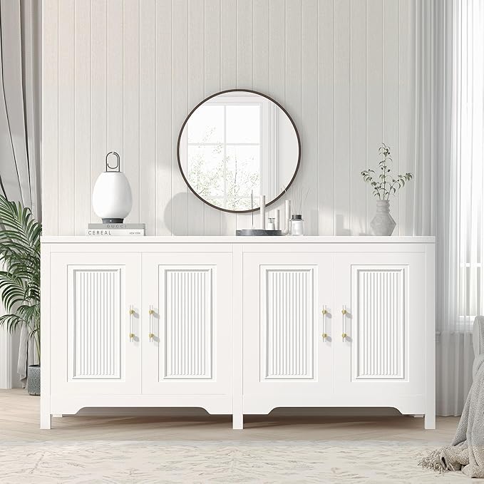 55'' Buffet Cabinet with Storage, Modern Fluted Door Design Sideboard Buffet Cabinet with Storage and Adjustable Shelf, Coffee Bar Station for Kitchen, Dining Room, Pure White