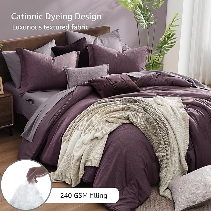 Monbix Full Size Comforter Set, Italian Plum Bedding Comforter for Full Size Bed Set Reversible, Bedding Sets Full 7 Pieces, Cationic Dyeing Bed in a Bag with Comforter, Sheets, Pillowcases & Shams