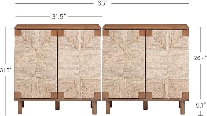 Nathan James Beacon Boho Accent Cabinet with Doors, TV Stand with Adjustable Interior Shelf and Seagrass Accent, Dark Brown, Set of 2