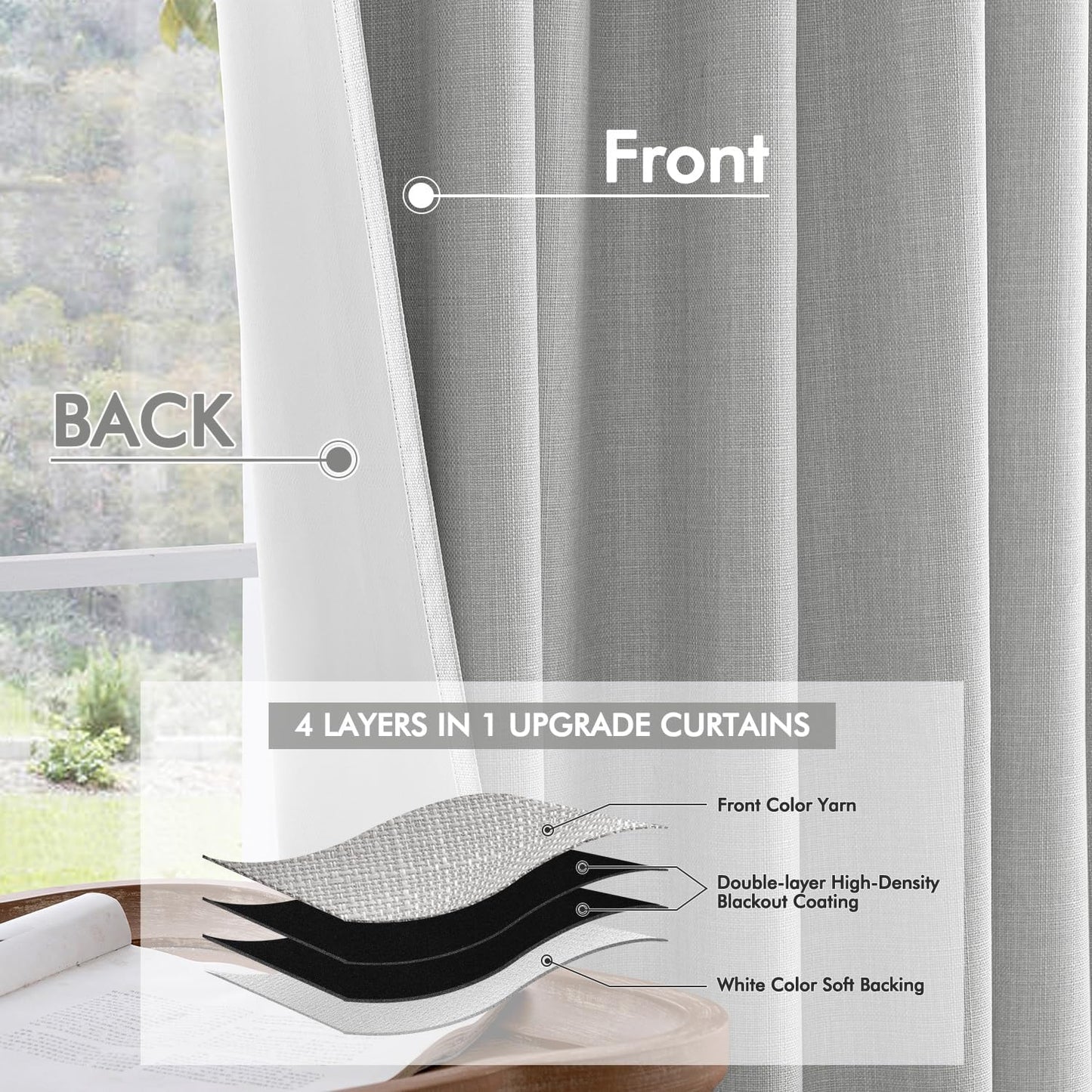 MIULEE 100% Blackout Curtains 108 Inch Long 2 Panels Set for Bedroom, Thick Luxury Faux Linen Black Out Curtain Room Darkening Back Tab Pleat Window Textured Drapes with Hooks for Living Room, Grey