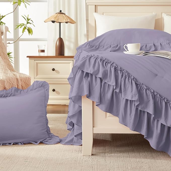 Andency Grayish Purple Comforter Set Queen Size, Lightweight Fluffy Farmhouse Ruffle Bedding Set, Soft Microfiber All Season Shabby Chic Bed Comforter Set 3 Pieces(1 Comforter 2 Pillowcases)