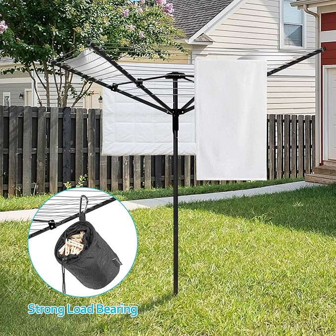 Nisorpa Rotary Outdoor Umbrella Drying Rack Adjustable Height Clothesline w/Waterproof Protective Cover Folding Rotary Dryer with 4-Aluminum Arms and Steel Post 12-Lines with 165 ft Clothesline