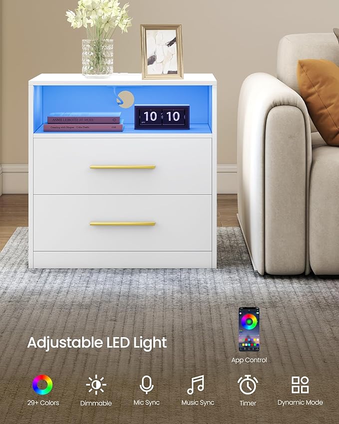 VASAGLE Custos Collection - Set of 2 Nightstands with Charging Station, LED Lights, Modern Night Stands, Side End Tables with Drawers, Open Shelf, 2 AC Outlets USB Ports, Cloud White ULET639WB01S-2J
