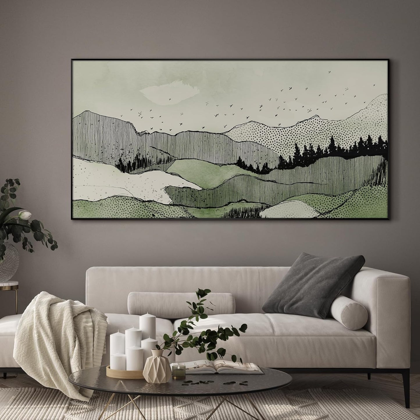 SIGNWIN 36"x72" Extra Large Framed Wall Art Green Line Art Mountain Landscape Illustration for Home Living Room Bedroom Decor (Frame Assembly Required)