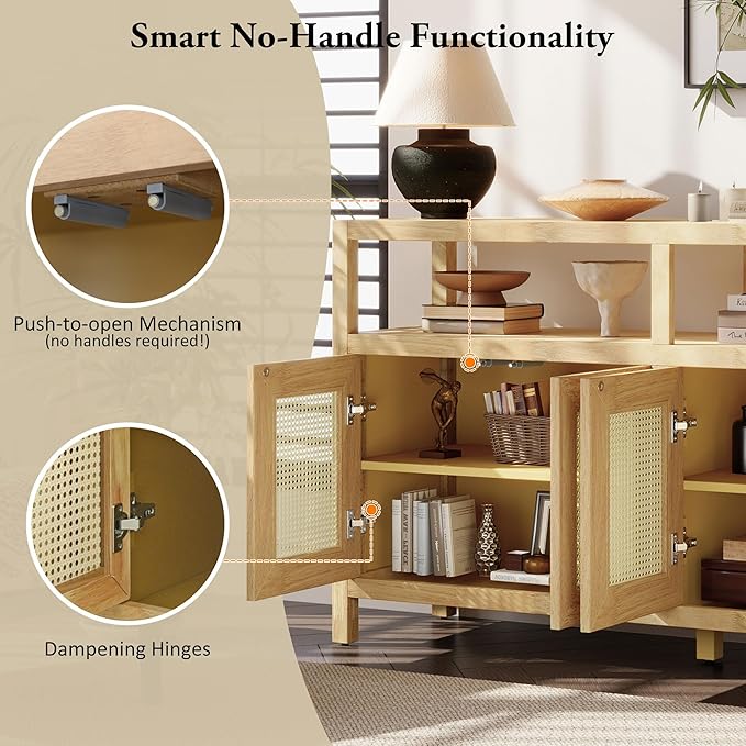 Ball & Cast 60" Rattan Buffet Sideboard Cabinet with Storage, Modern Boho Coffee Bar w/Push-to-Open Doors & Adjustable Shelves, Wood Console Cabinet for Kitchen,Livingroom & Dining Room, Natural