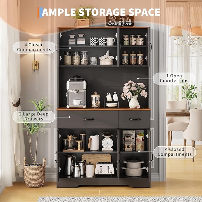 IDEALHOUSE 71" Kitchen Pantry Storage Cabinet with Charging Station, Farmhouse Kitchen Hutch Cabinet with 2 Storage Drawers, Large Food Pantry with Microwave Stand for Dining Room,Living Room,Black